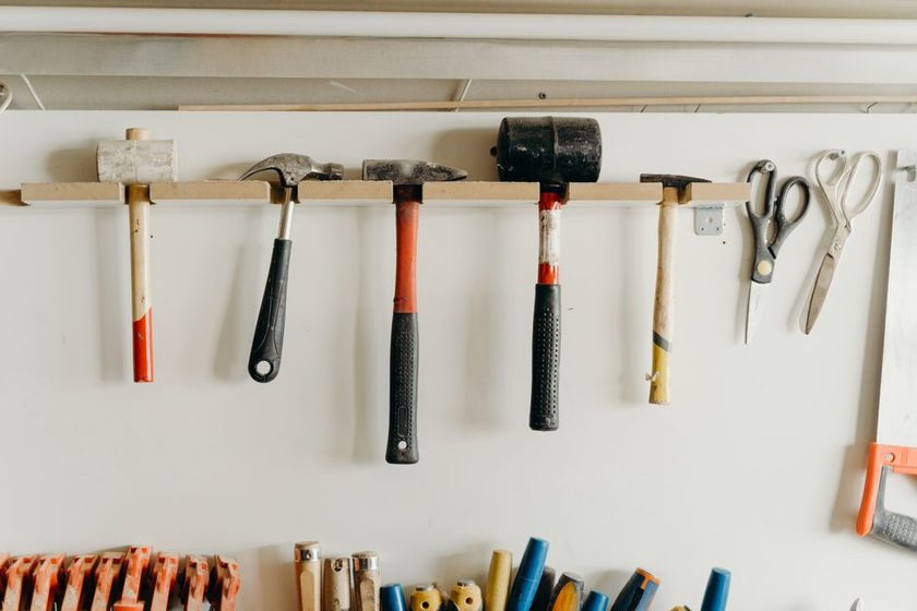 Overview of a compact home workshop bench area